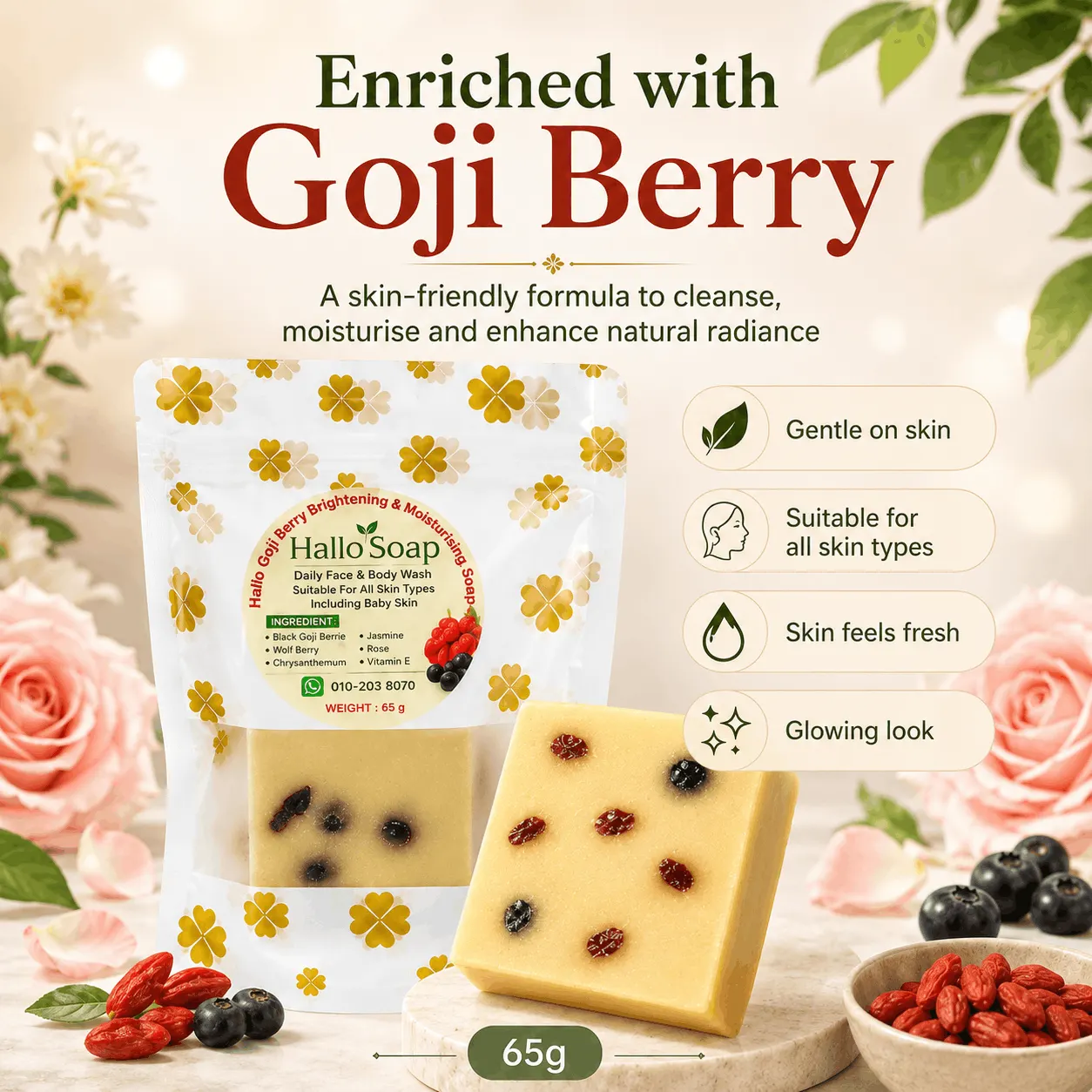 Hallo Goji Berry Brightening & Moisturising Soap angle 2